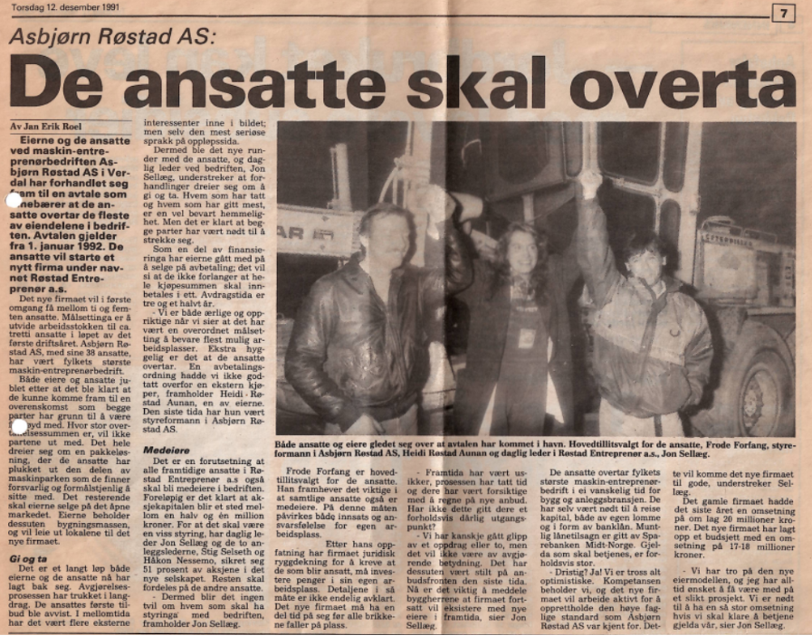 Faksimile fra Trønder-Avisa fra da ansatte tar over driften av Asbjørn Røstad AS.